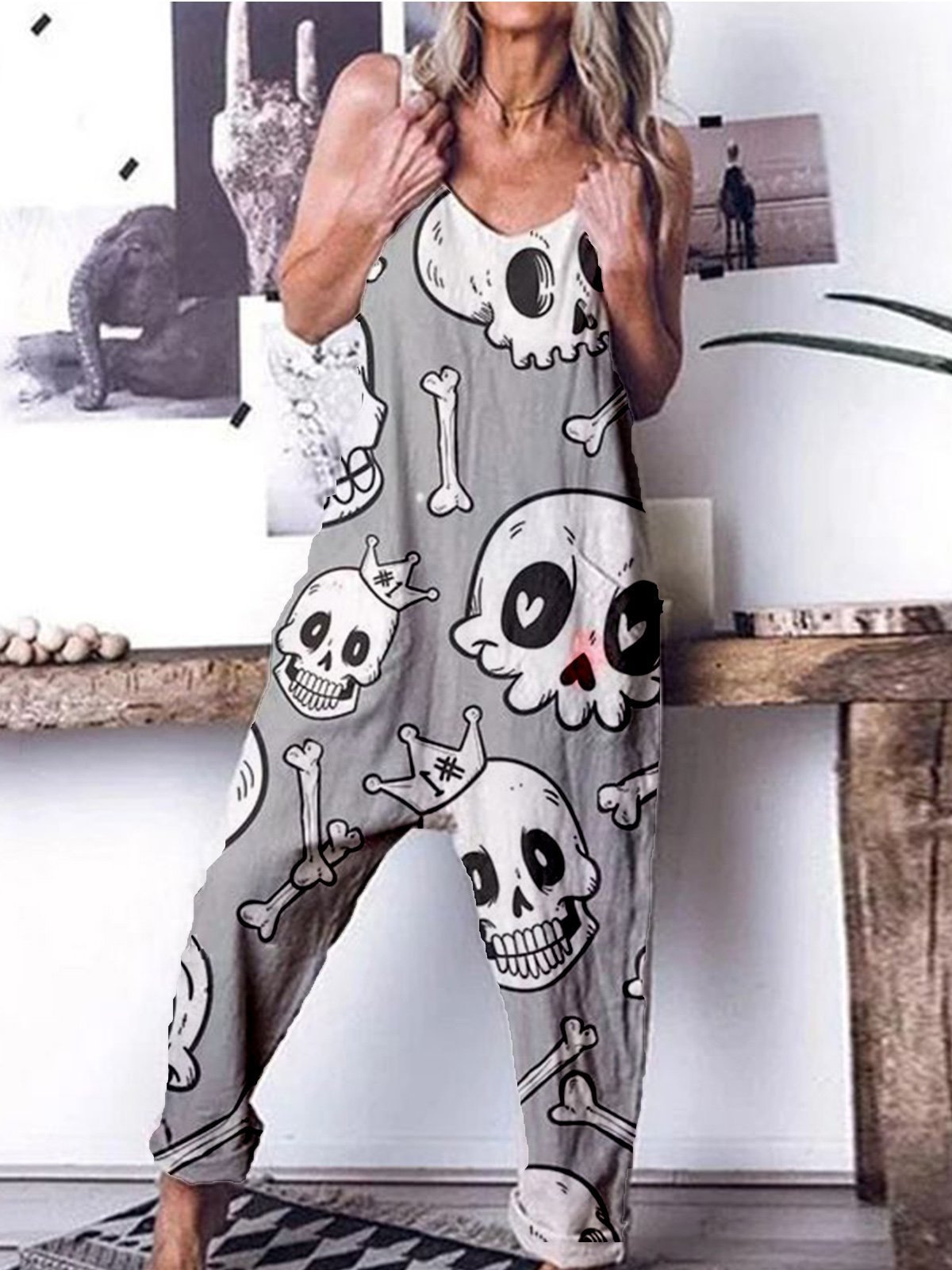 Women's Cute Print Linen Blend Casual Jumpsuit