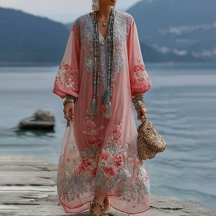Women's Vintage Floral Embroidered V Neck Comfy Maxi Dress