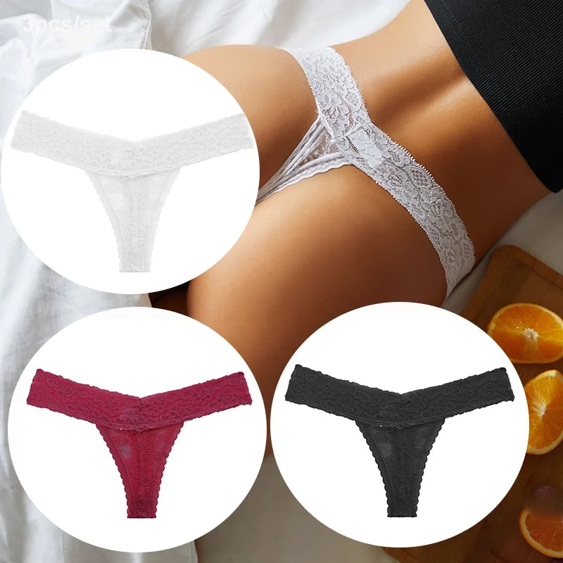 FINETOO 3PCS/Set Women Lace Sexy G-string Perspective Lingerie Temptation Panties Thong Underwear Panty Female Intimates M-XL