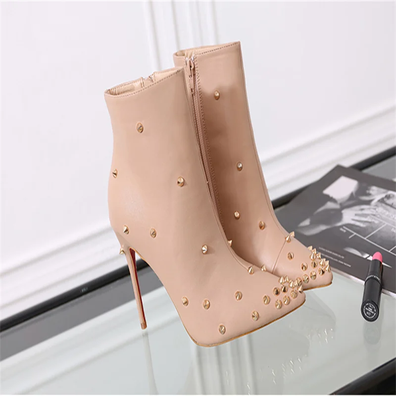 VCSHOES Women Genuine Leather Boots Solid Leather Golden Rivets Embellished Pointed Toe 11cm Thin High Heels Ankle Booties