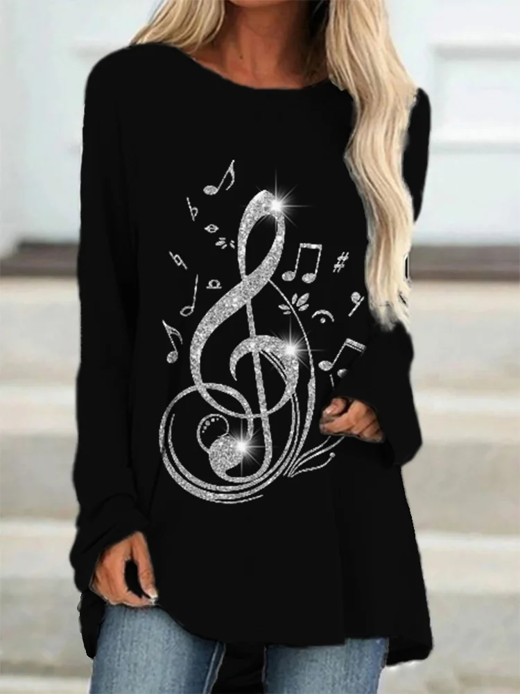 Music Notes Glitter Art Long Sleeve A Line T Shirt