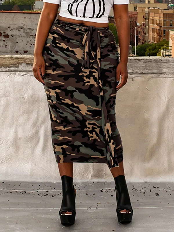 Camouflage Tied Waist Plus Size Skinny Skirts Bottoms