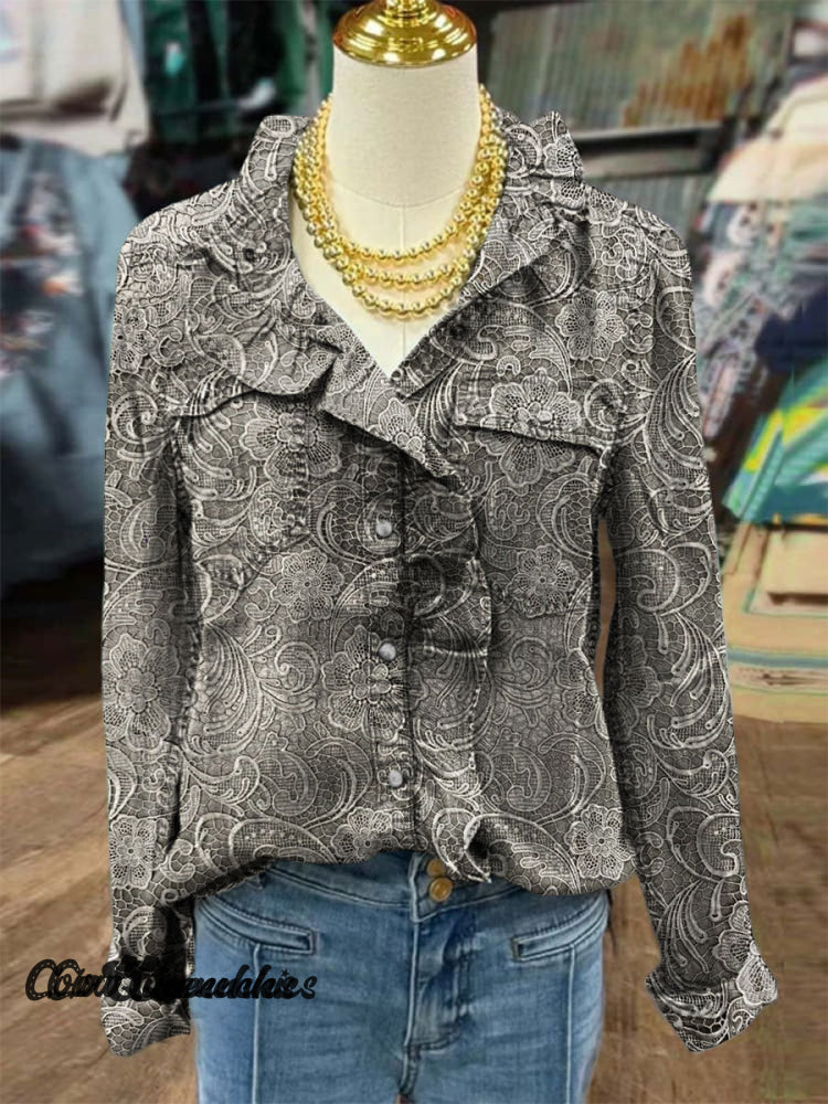 Vintage Floral Print Ruffle Shirt Multicolor / S