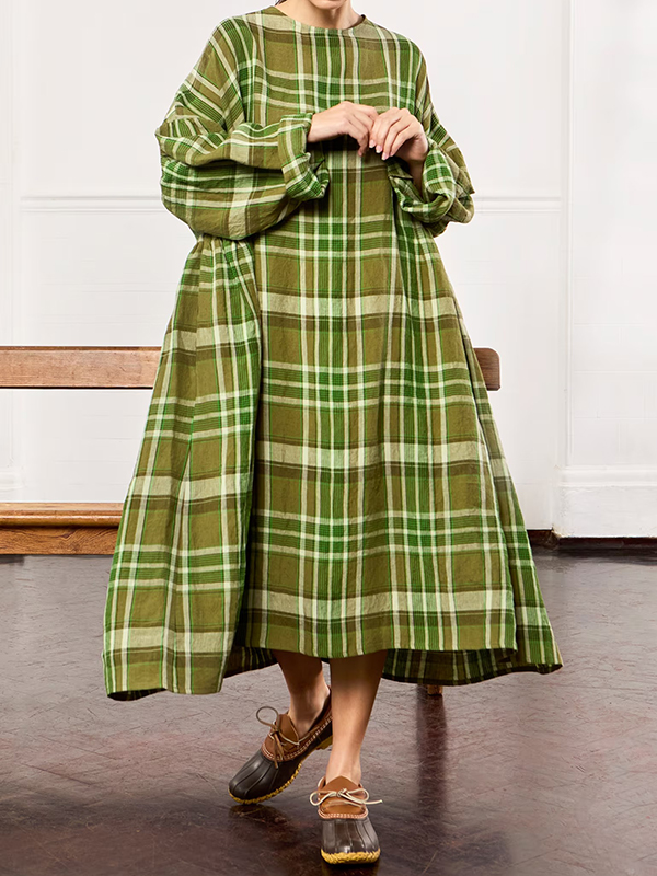 Loose Long Sleeves Wide Boat Neck Tartan Cotton Linen Midi Dress