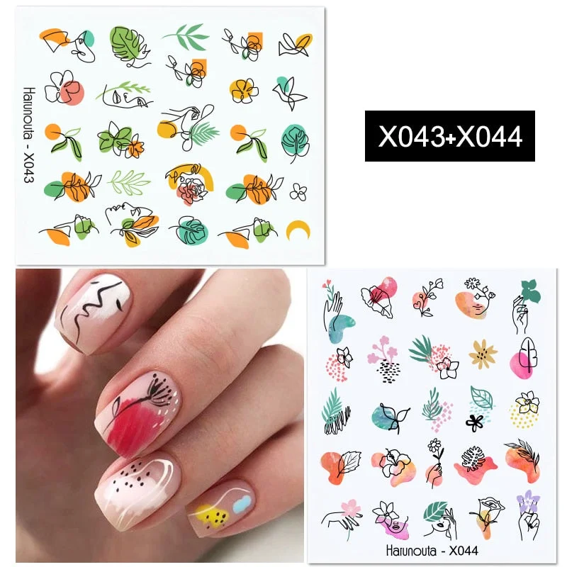 Harunouta 6Pcs Black Leaves Flower Water Decals Dandelion Geometrics Pattern Stickers Sliders For Nails DIY Decoration-Nail Inspo