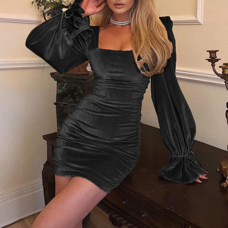 Women Sexy Elegant Velvet Flared Sleeves Bodycon Dresses
