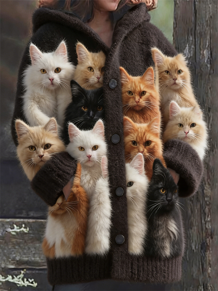 Lovely Fuzzy Cats Cozy Knit Hooded Cardigan wearshes