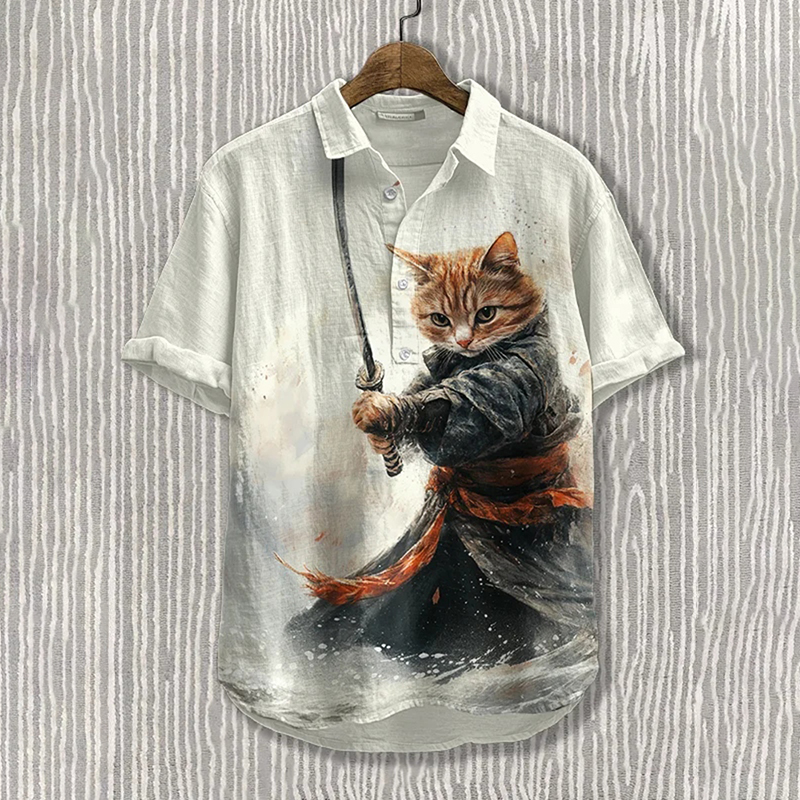 Comstylish Men's Brave Samurai Cat Art Print Polo Shirt