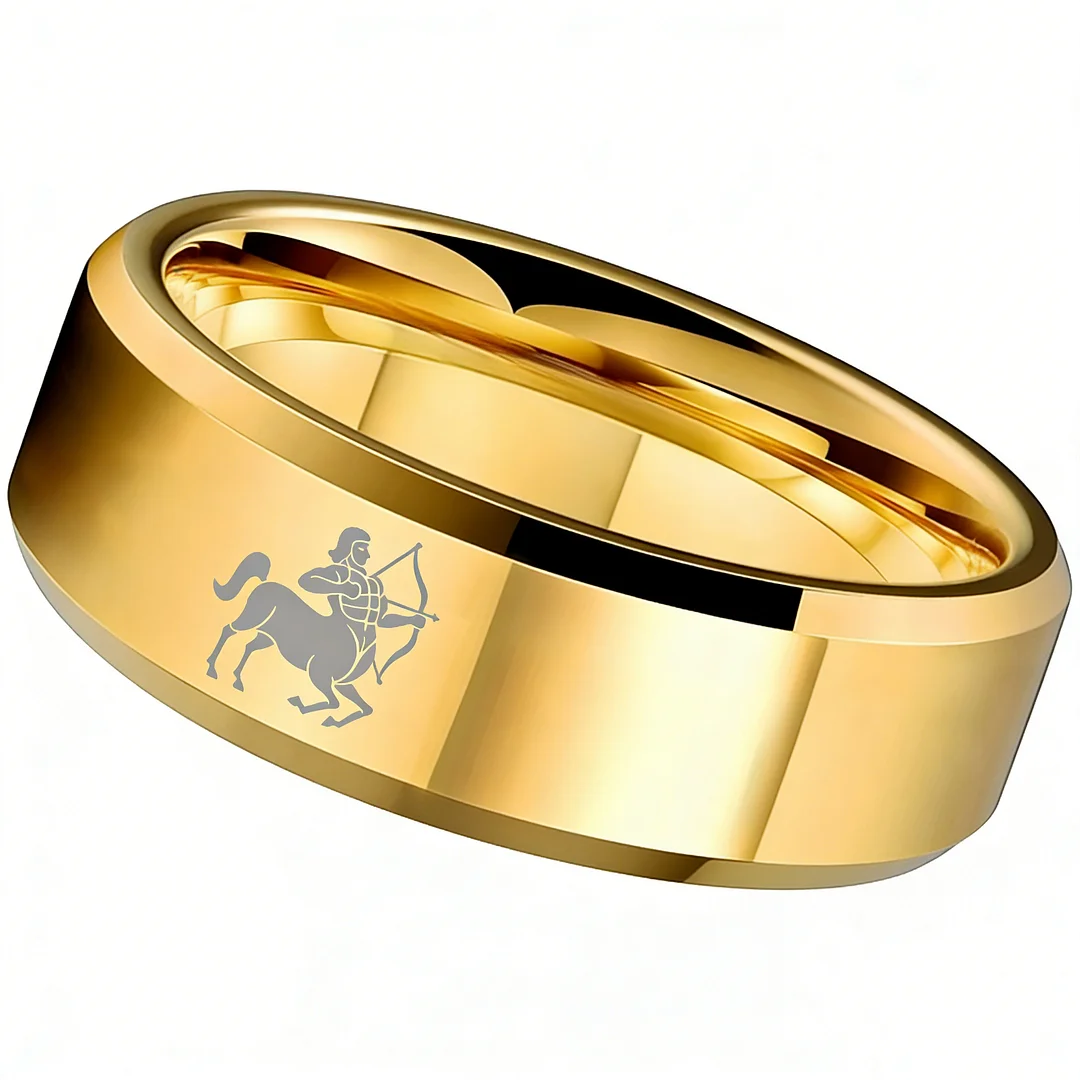 Beveled Edges Gold Laser Etched Tungsten Carbide Bands Gold Sagittarius Couple Wedding Rings 4MM 6MM 8MM