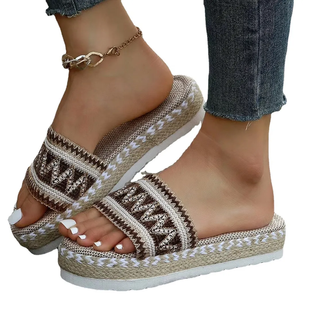 Breakj Breakj New National Wind Large Size Lady Thick Bottom Fish Mouth With Linen Color Slippers