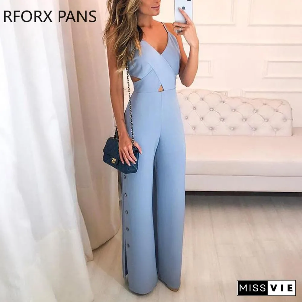 Crisscross Spaghetti Strap Button Slit Side Jumpsuit