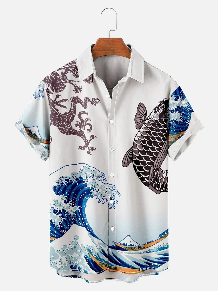 Men's Retro Hawaiian Ocean Creatures Shirts Ukiyo-e Wrinkle Free Tops
