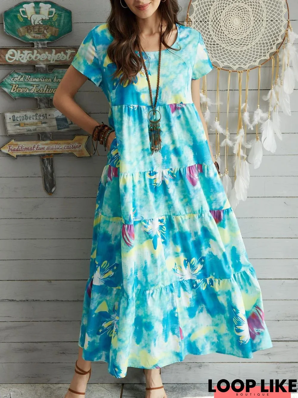 A-Line Boho Short Sleeve Cotton-Blend Dress