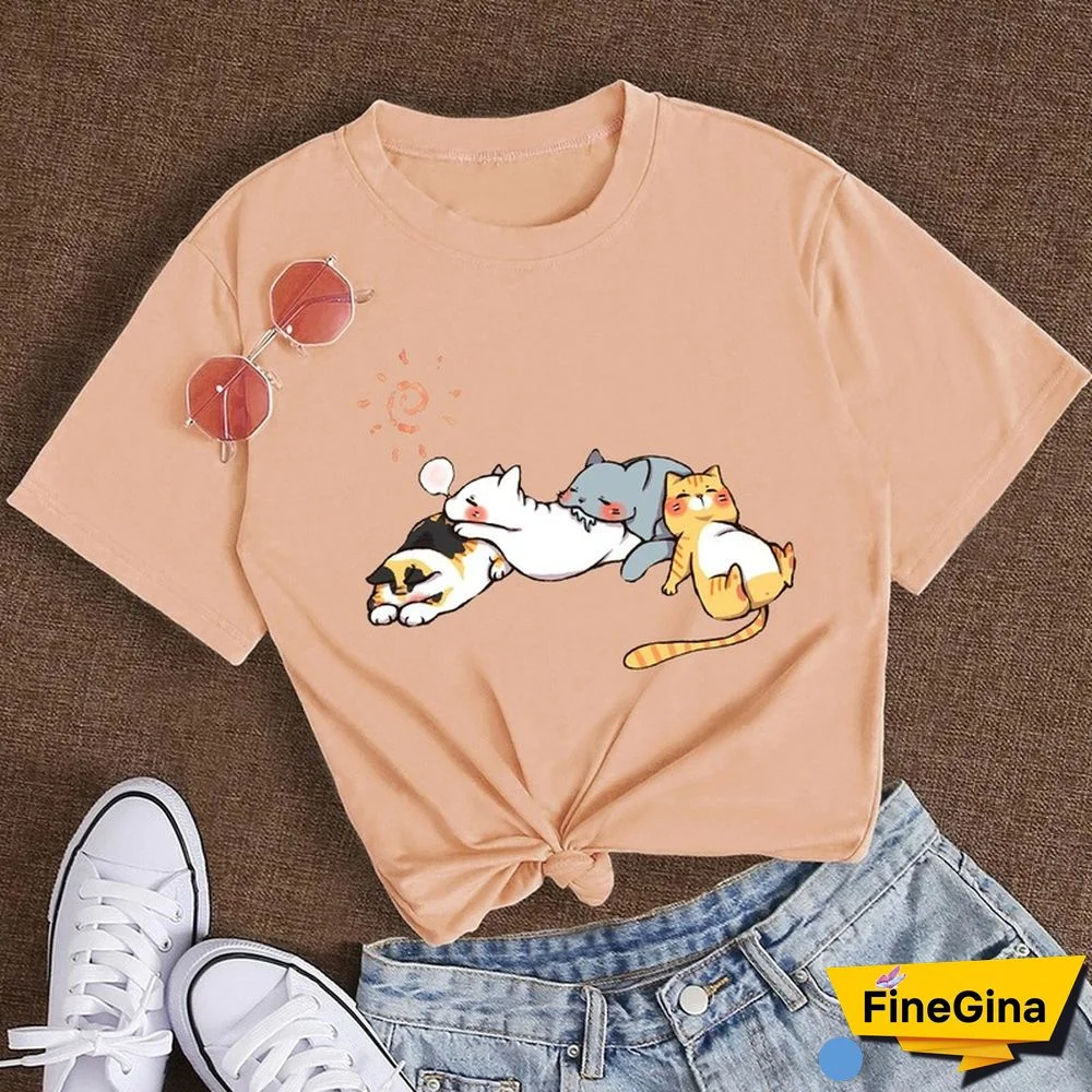 Cotton 100% Women's T Shirt Summer Short Sleeve Nap Cat Print Fashion Kawaii Female Clothes Casual O-Neck Tshirt Ladies Tee Tops