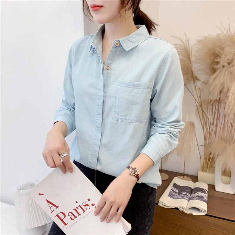 Denim Women Blouses Shirts Tunic Womens Tops 2020 Long Sleeve Clothing Button Up Down New Autumn Solid Fashion Ladies Tops Good