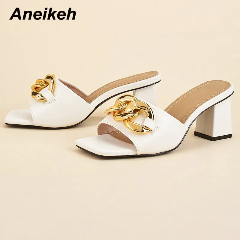 Aneikeh 2022 NEW Fashion PU Women Shoes Summer Square Heel Peep Toe Slipper Novelty Shallow Metal Decoration Patchwork Elegant