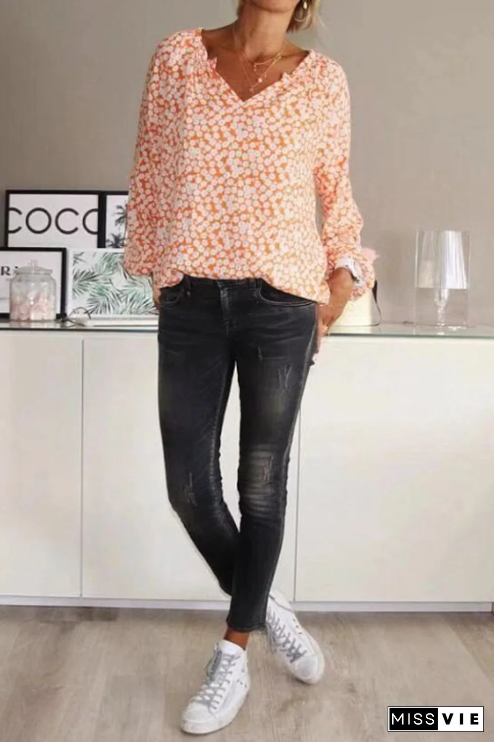 Bohemian V-Neck Floral Print Blouse