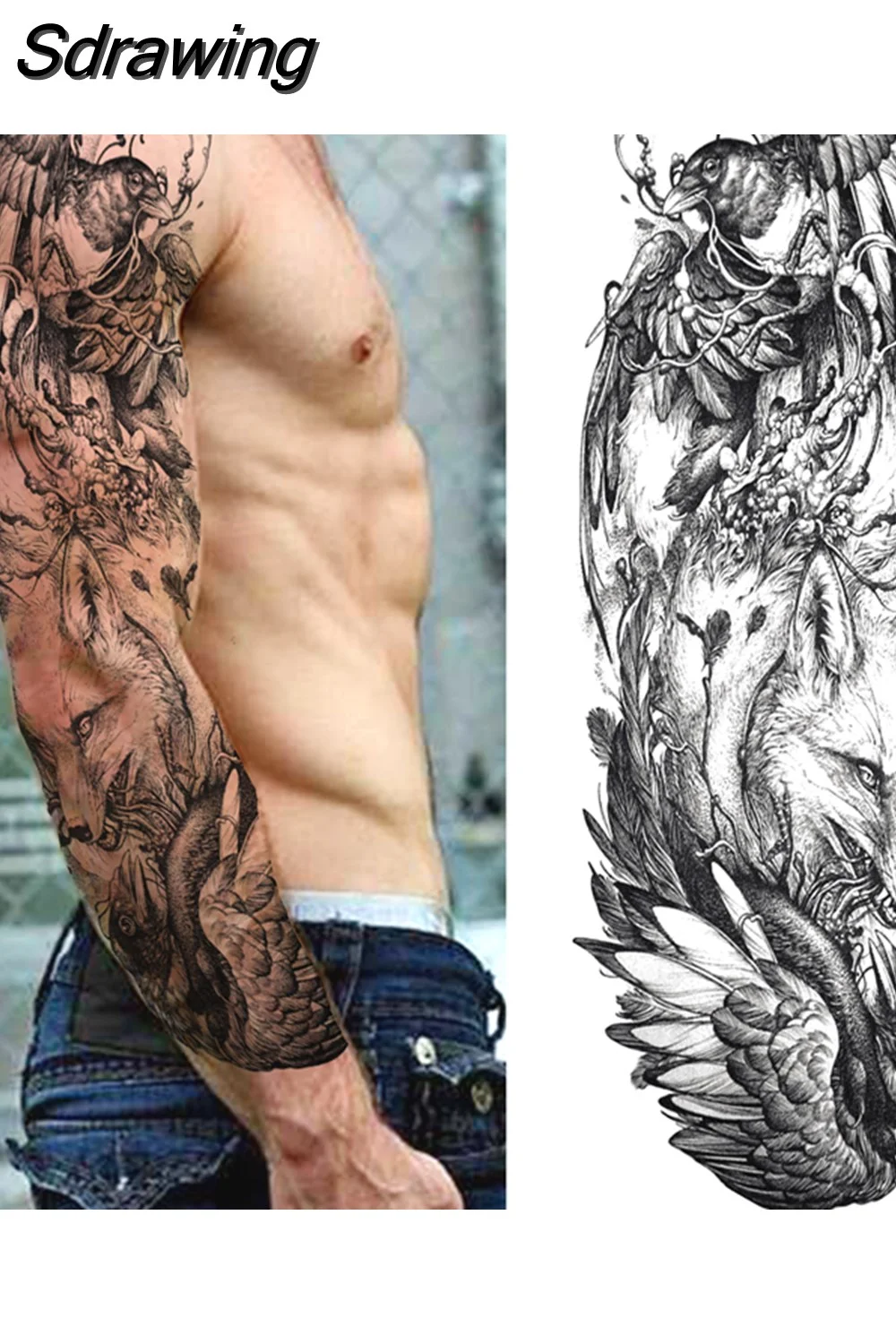 Sdrawing Eagle Wolf Temporary Tattoo Sleeve For Men Women Realistic Samurai Nun Shangdu Lion Fake Tattoo Sticker Big Full Arm Tatoo 521-0