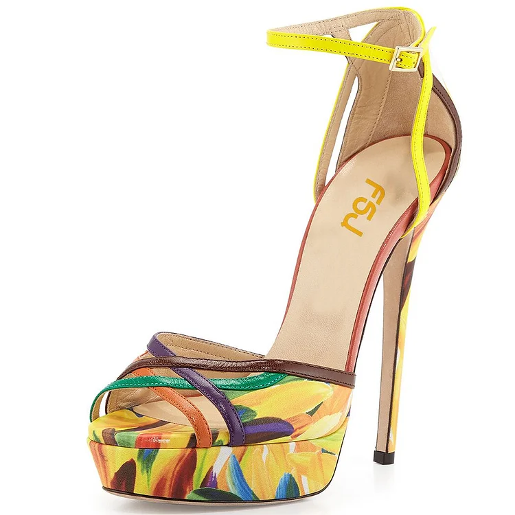 Yellow Floral Heels Platform Sandals Peep Toe Ankle Strap Sandals |FSJ Shoes