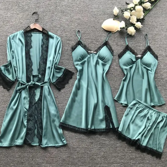 Churchf Midnight Charm Sexy Pajamas_Pyjamas Summer Sexy Pajamas Four-Piece Korean Version Of Sling Women With Breast Pad 490