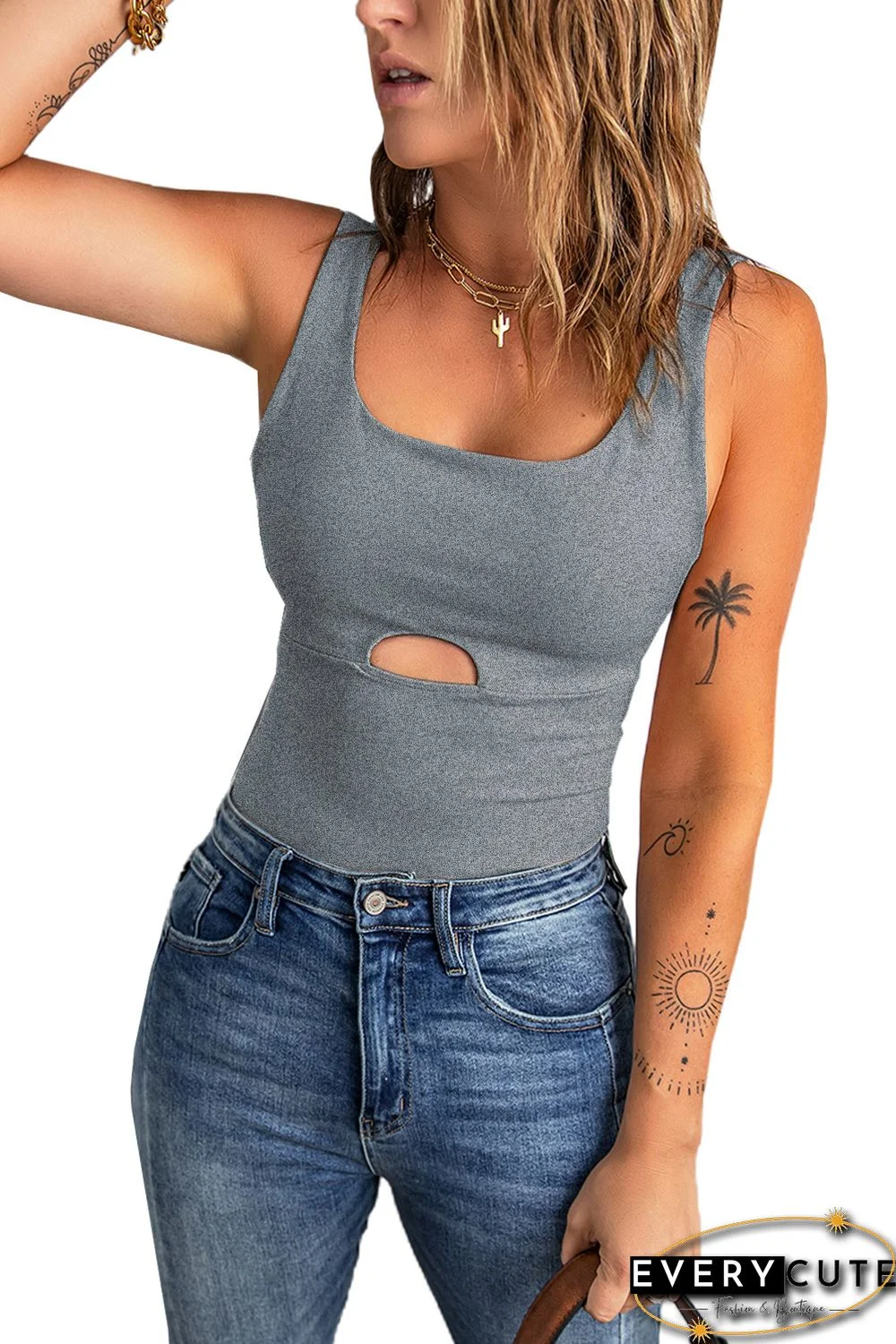 Gray Solid Cut-out U Neck Slim-fit Tank Top