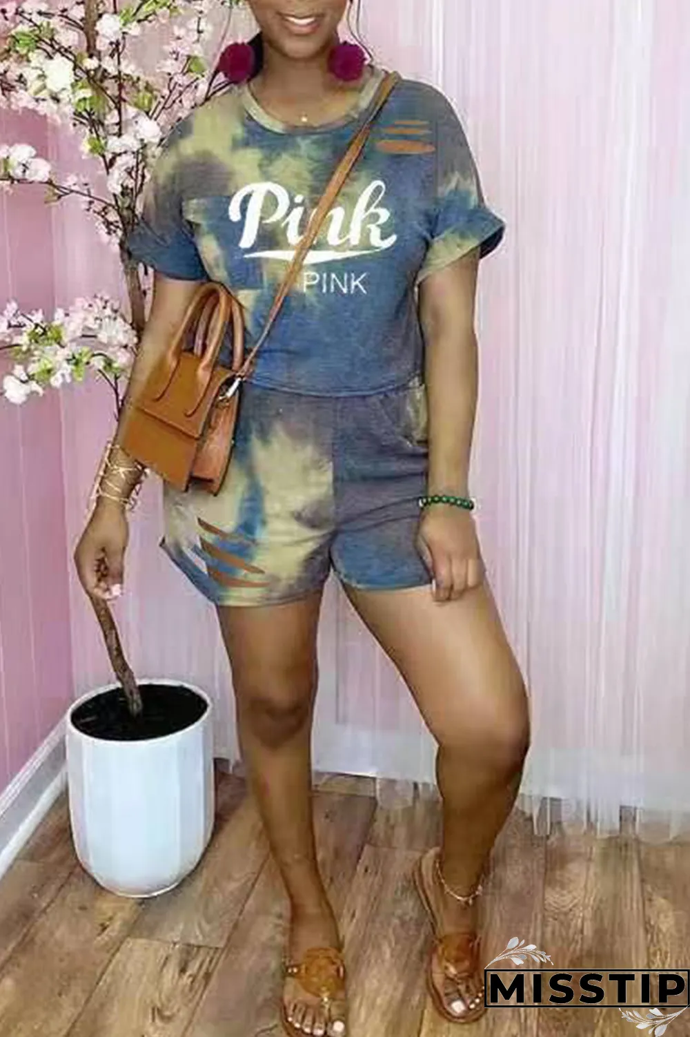 Purple Casual Patchwork Tie-dye O Neck Short Sleeve Two Pieces