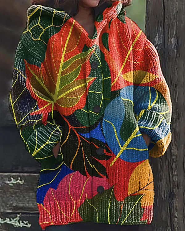 Vintage Autumn Leaves Art Print Hooded Cardigan