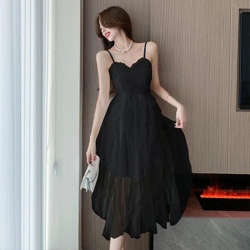 Summer Sexy Spaghetti Strap Mesh Patchwork Midi Dress for Women Fashion Sleeveles Ruffles Backless Club Slim Party Dresses