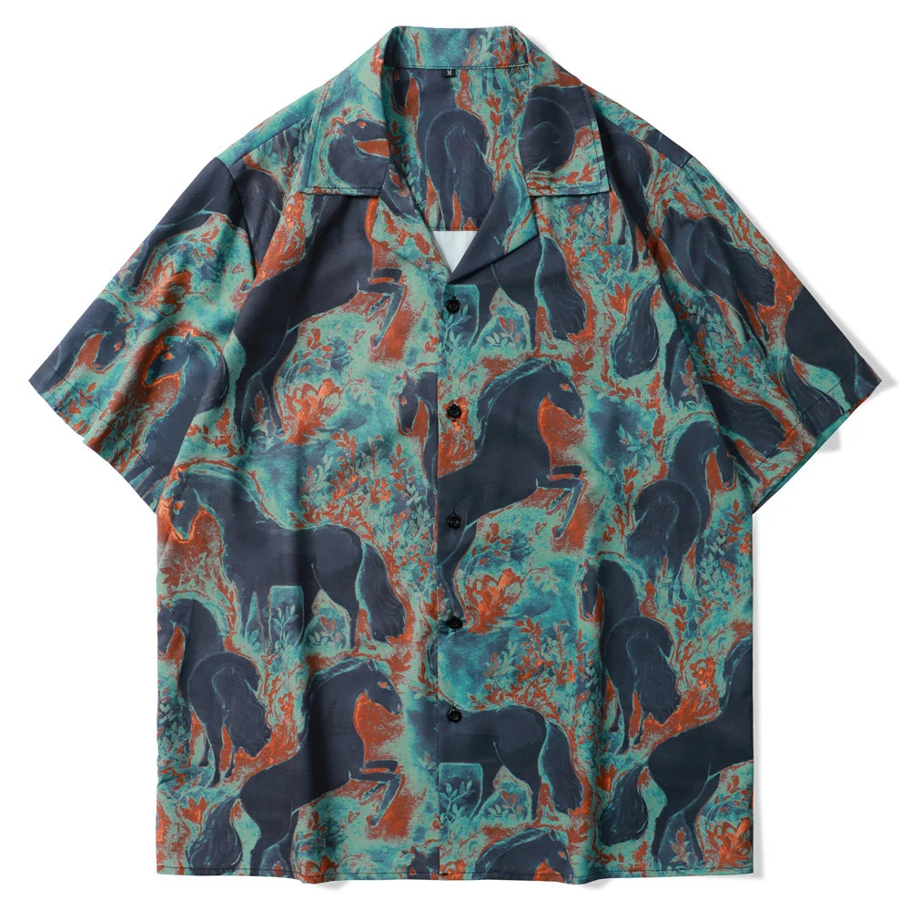Spring Summer Vintage Horse Shirt Printed Beach Cardigan Short Sleeve