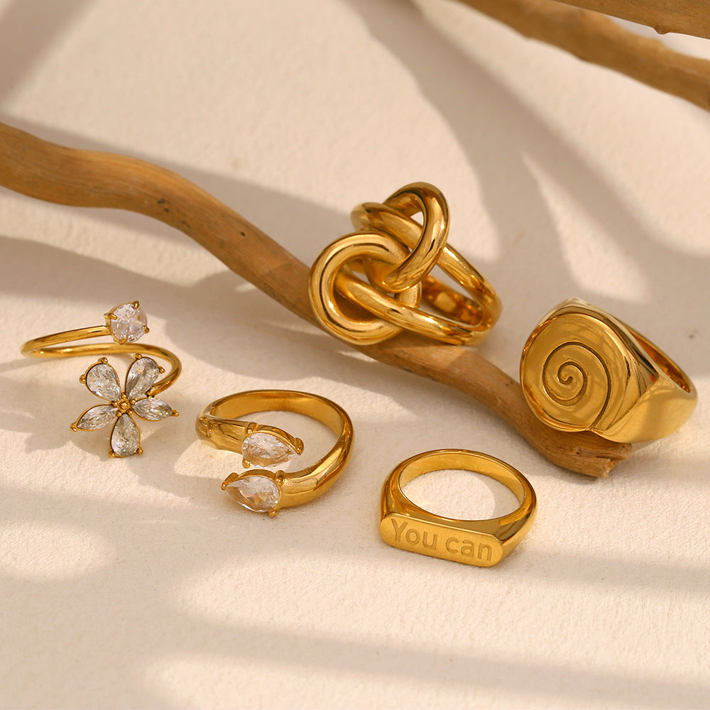 Niche Design White Diamond Flower Hand-Decorated Stainless Steel 18K Gold-Plated Conch Double-Layer Knotted Ring