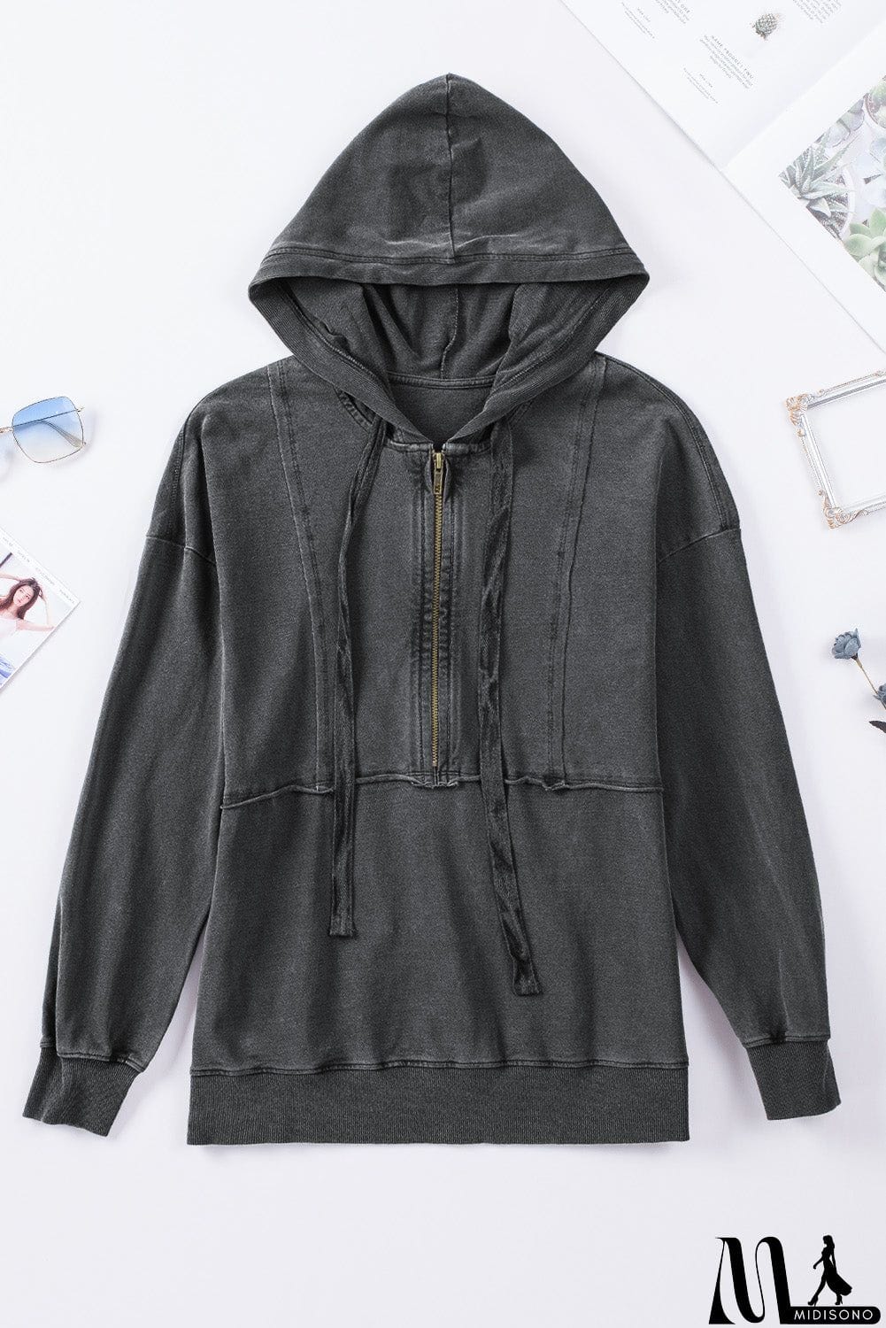 MidiSono - Zipped Front Stitching Hooded Sweatshirt