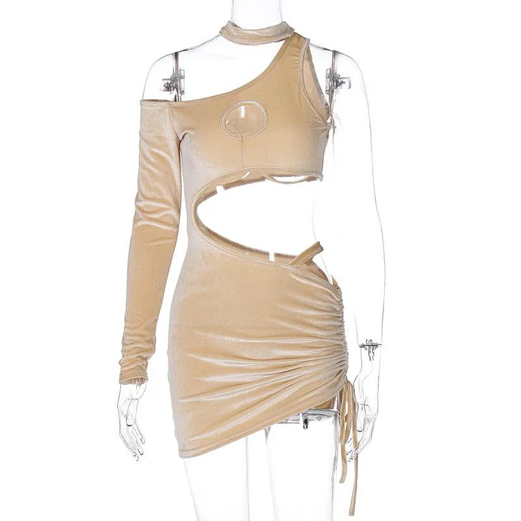 Promsstyle One shoulder hollow ruched drawstring mini dress Prom Dress 2023