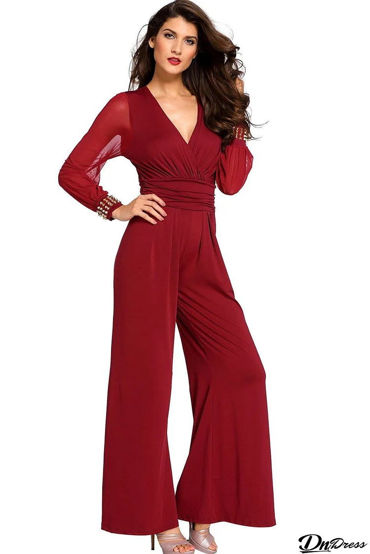 Burgundy Embellished Cuffs Mesh Long Sleeves Wide Leg Formal Jumpsuit