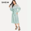 SHEIN Turquoise Lace Yoke Pearl Beading Lantern Sleeve Belted Long Dress Spring Women Solid Laser Cut Hollow Out Midi Dresses