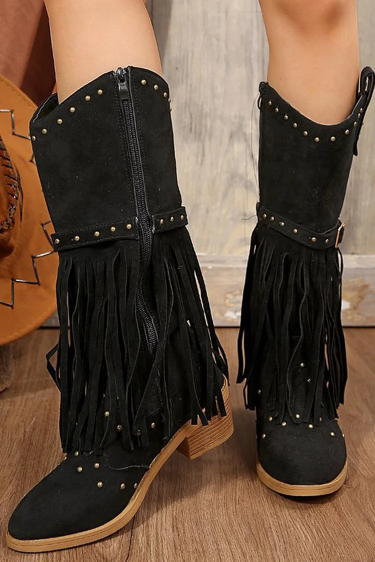 Vintage Black Chunky Heel Tassel Rivet Decor Zipper V-Cut Boots 2024 - Xpluswear