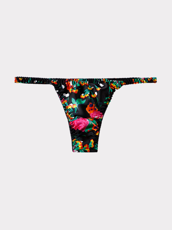 Floral Black Silk Thong Panties REAL SILK LIFE