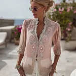 Classy Glitter Pink Flowers Embroidered Flowy Linen Blouse - Image 2