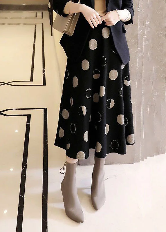 Simple Black Dot Jacquard Wrinkled Patchwork Woolen Skirts Spring