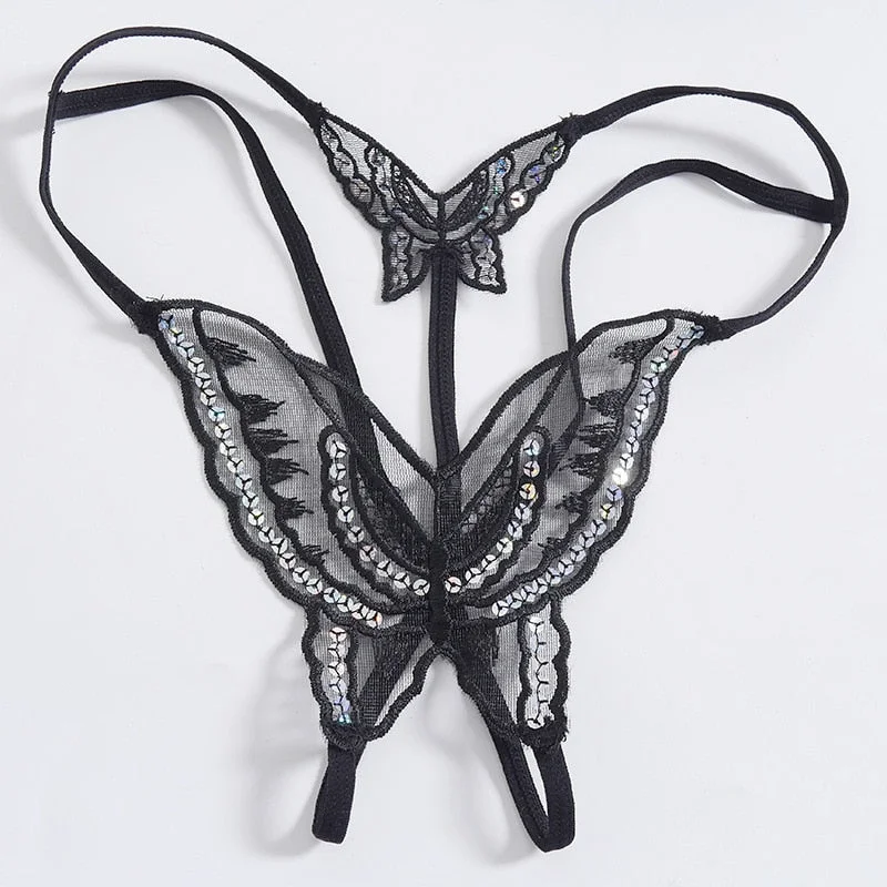 Sexy Women Lace Hollow Out Shiny Butterfly Shaped G String Open Crotch