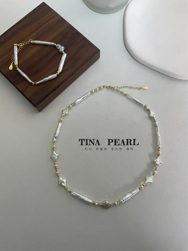 TINA Jewelry Fresh water small silver pearl + four star pearl everything commuter necklace+bracelet 