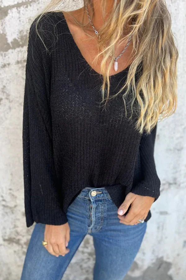 Solid Long Sleeve V Neck Knitted Women Sweater