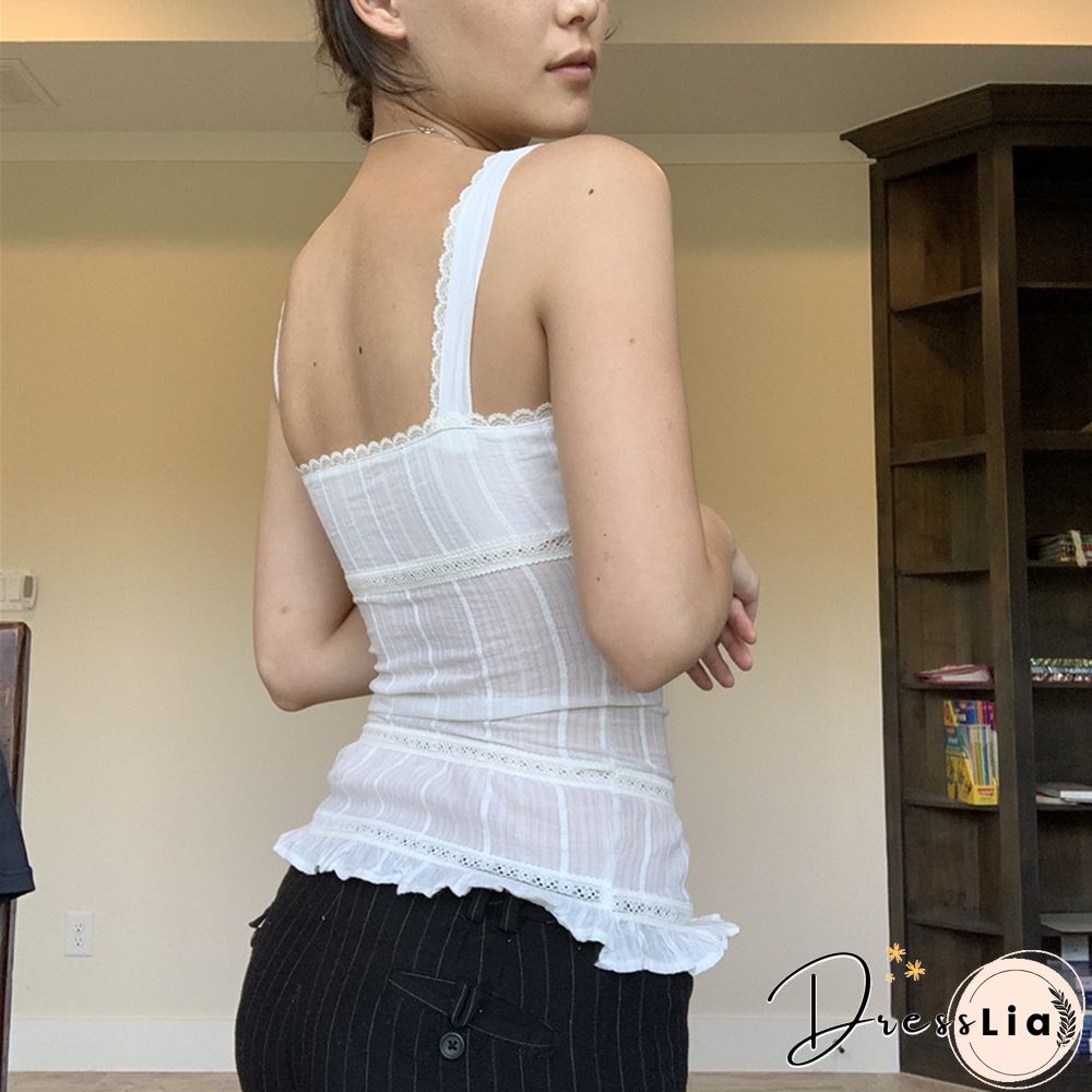 Aesthetic Tank Tops Summer Women Sleeveless Lace Ruffle Hem U-neck Vest White Camisole Fairycore Tshirt