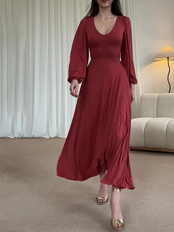 Style & Comfort for Mature Women Women's Long Sleeve U-neck Puff Sleeve Solid Color Midi Dress