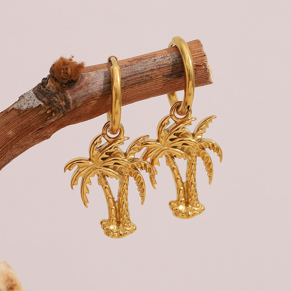 Stainless Steel 18K Gold Plated Oil Dripping Tassel Flower Earrings Coconut Tree Earrings For Women