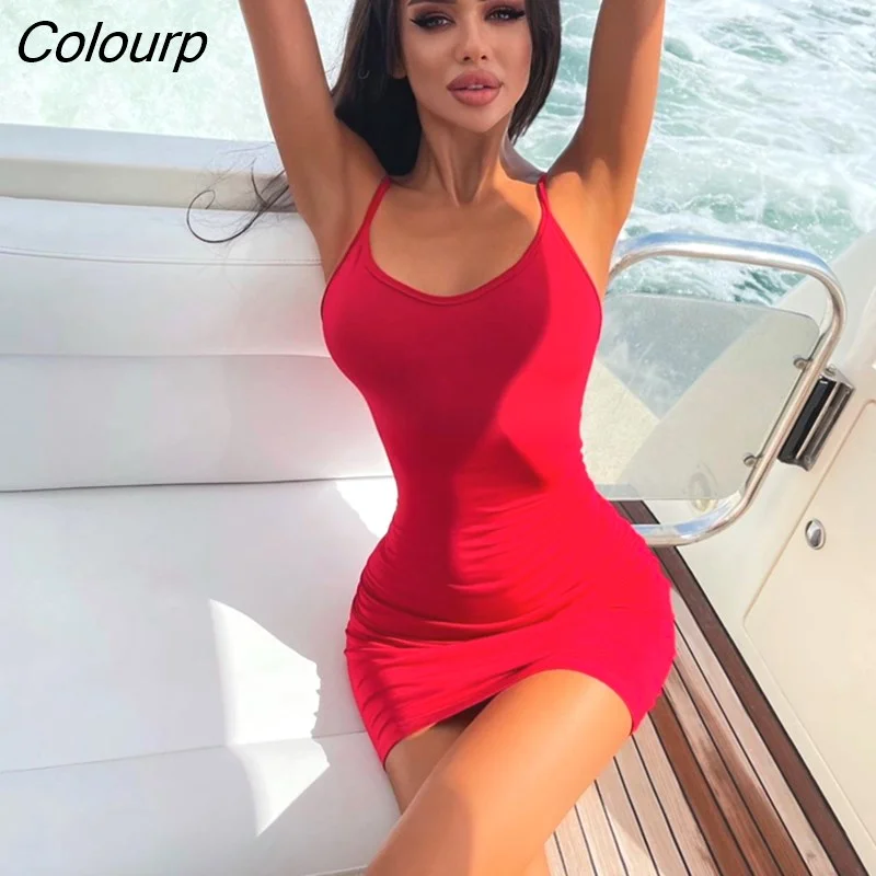 Colourp 2023 Summer Women Strap Sexy Y2K Clothes Sleeveless Backless Bodycon Mini Dress Solid Outfits Club Party Drop Shipping
