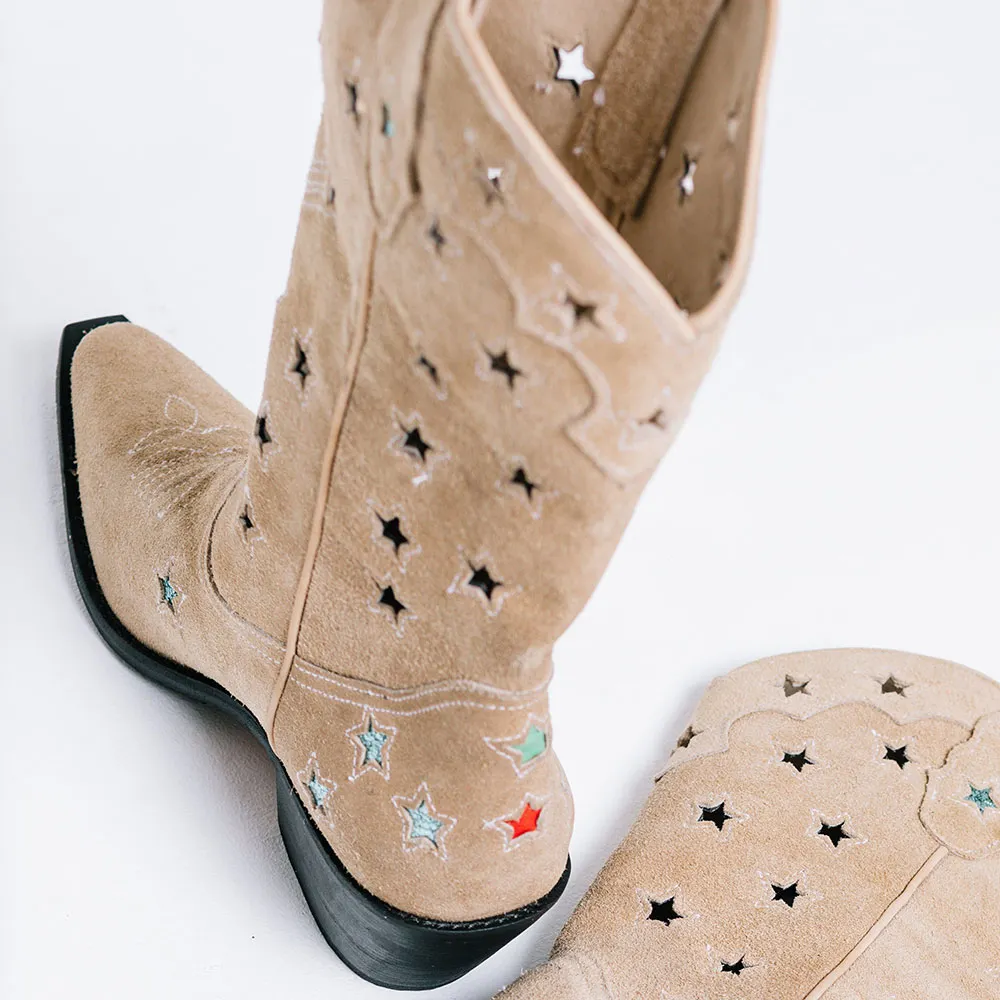 Nude Snip Toe Star Cut-Out Chunky Heel Wide Calf Cowgirl Boots