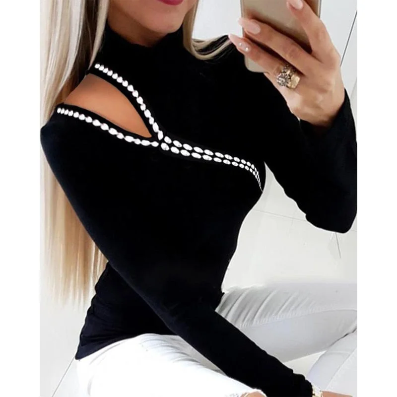 ABEBEY Autumn Spring New  Top T shirts Hot Sale Long Sleeve Hollow Out Solid T-shirts Women Clothing Fashion Slim T-shirt Clothes