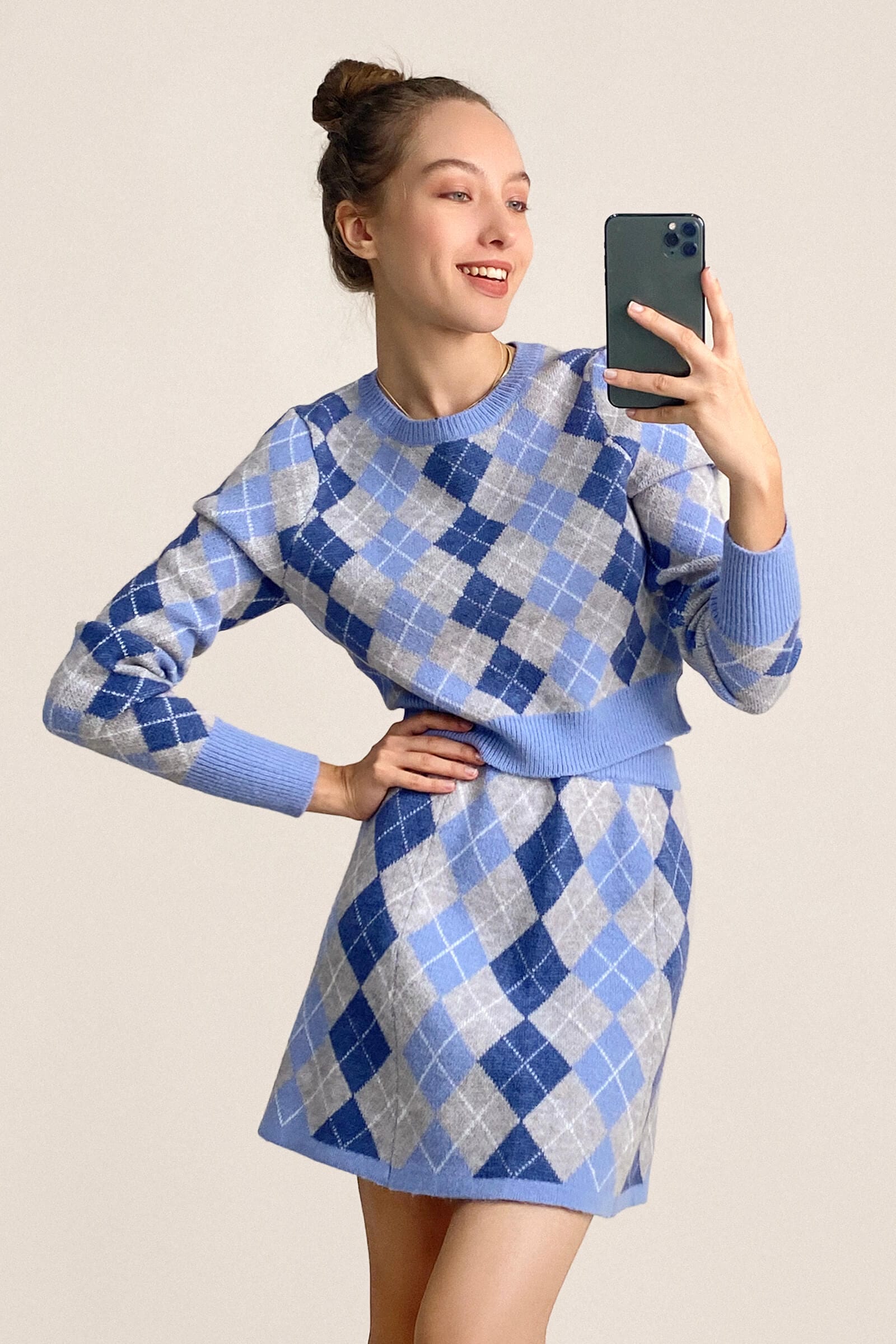 Light Sky Blue Diamond-Check Cropped Sweater & Mini Skirt Two-Piece Set