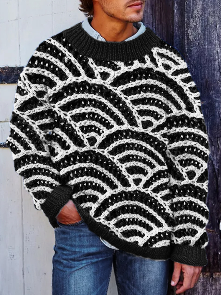 Comstylish Men's Japanese Sea Waves Crochet Chunky Cozy Sweater