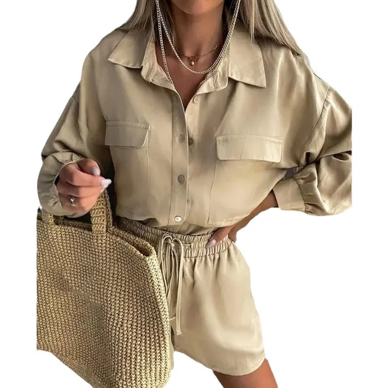 Uveng Uveng 2024 Women's New Casual Solid Color Shirt Rope Lace Shorts Fashion Suit Women